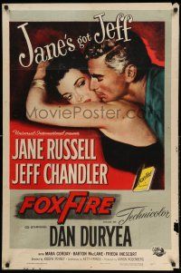 1y317 FOXFIRE 1sh '55 romantic close up artwork of sexy Jane Russell & Jeff Chandler!