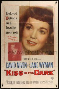 1y502 KISS IN THE DARK 1sh '49 close up headshot of Jane Wyman + kissing David Niven!