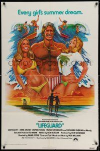 1y526 LIFEGUARD 1sh '76 art of barechested Sam Elliot with sexy beach babes by Roger Huyssen!