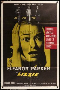1y532 LIZZIE 1sh '57 Eleanor Parker is a female Jekyll & Hyde times three, which was her real self?