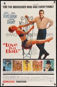 1y549 LOVE IS A BALL style B 1sh '63 full-length art of Glenn Ford & Hope Lange in sexy bikini!