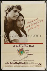 1y551 LOVE STORY 1sh '70 great romantic close up of Ali MacGraw & Ryan O'Neal!