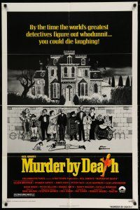 1y597 MURDER BY DEATH 1sh '76 great Charles Addams art of cast by dead body, yellow title design!