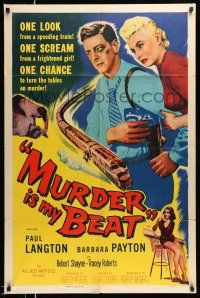 1y600 MURDER IS MY BEAT 1sh '55 Edgar Ulmer film noir, Barbara Payton, cool speeding train art!