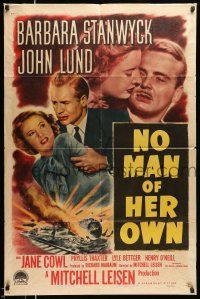 1y634 NO MAN OF HER OWN 1sh '50 Barbara Stanwyck, cool artwork of exploding train!