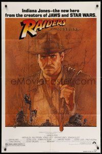 1y699 RAIDERS OF THE LOST ARK 1sh '81 great art of adventurer Harrison Ford by Richard Amsel!
