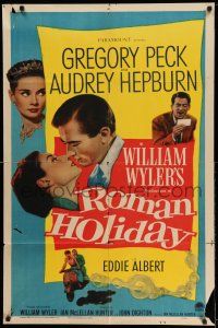 1y721 ROMAN HOLIDAY 1sh '53 Audrey Hepburn & Gregory Peck about to kiss and riding on Vespa!
