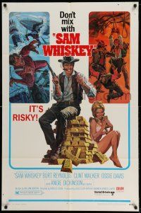 1y733 SAM WHISKEY 1sh '69 art of Burt Reynolds & sexy Angie Dickinson by huge pile of gold!