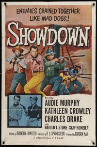1y774 SHOWDOWN 1sh '63 Audie Murphy & enemies chained together + pretty Kathleen Crowley w/gun!