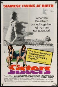 1y781 SISTERS 1sh '73 Brian De Palma, Margot Kidder is a set of conjoined twins!