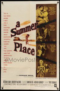 1y817 SUMMER PLACE 1sh '59 Sandra Dee & Troy Donahue in young lovers classic, cool cast montage!