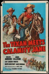 1y849 TEXAN MEETS CALAMITY JANE 1sh '50 art of cowgirl Evelyn Ankers & James Ellison on horseback!