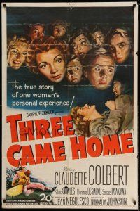 1y868 THREE CAME HOME 1sh '49 artwork of Claudette Colbert & prison women without their men!