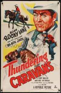 1y874 THUNDERING CARAVANS 1sh '52 great artwork of cowboy Rocky Lane w/smoking gun & Black Jack!