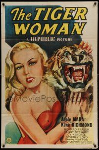 1y876 TIGER WOMAN 1sh '45 Adele Mara, who is daring, dangerous & seductive stands by tiger head!