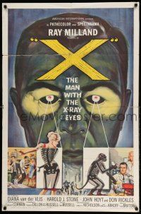 1y985 X: THE MAN WITH THE X-RAY EYES 1sh '63 Ray Milland strips souls & bodies, cool sci-fi art!