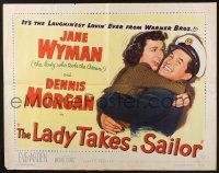 1z733 LADY TAKES A SAILOR 1/2sh '49 close up of Jane Wyman hugging boat captain Dennis Morgan!