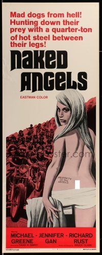 1z292 NAKED ANGELS insert '69 Roger Corman, art of sexy barely-clothed girl, motorcycle gangs!