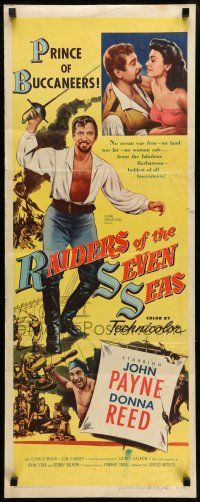 1z351 RAIDERS OF THE SEVEN SEAS insert '53 suave pirate John Payne romances sexy Donna Reed!