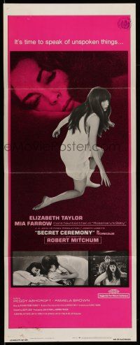 1z387 SECRET CEREMONY insert '68 Liz Taylor, Mia Farrow, Robert Mitchum, Joseph Losey
