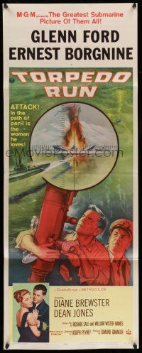1z467 TORPEDO RUN insert '58 artwork of Glenn Ford & Ernest Borgnine in submarine at periscope!