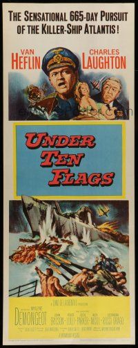 1z481 UNDER TEN FLAGS insert '60 art of Van Heflin, Charles Laughton & sexy Mylene Demongeot!