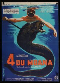 2b496 MOANA French 23x31 '59 great Basarte art of scuba diver and Moray Eel!