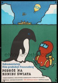 2b848 VOYAGE TO THE EDGE OF THE WORLD Polish 27x39 '79 art of scuba diver & penguin by Mlodozeniec!