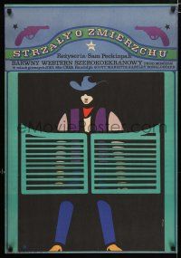 2b764 RIDE THE HIGH COUNTRY Polish 23x33 '68 cool Hibner art of cowboy standing in saloon door!