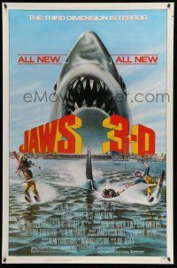 2c438 JAWS 3-D 1sh '83 great Gary Meyer shark artwork, the third dimension is terror!