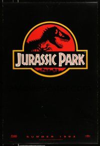 2c448 JURASSIC PARK teaser DS 1sh '93 Steven Spielberg, classic logo with T-Rex over red background