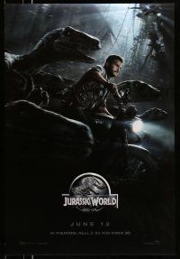 2c450 JURASSIC WORLD teaser DS 1sh '15 Jurassic Park, Chris Pratt on motorcycle w/trained raptors!