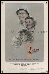 2c583 ON GOLDEN POND heavy stock 1sh '81 art of Hepburn, Henry Fonda, and Jane Fonda by C.D. de Mar