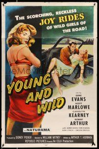 2c002 YOUNG & WILD 1sh '58 artwork of the reckless joy rides of wild girls of the road!
