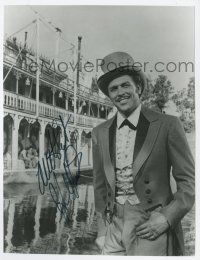 2d1036 HOWARD KEEL signed 7.25x9.5 REPRO still '80s in tuxedo & top hat by riverboat in Show Boat!