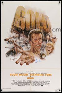 2d0249 GOLD signed 1sh '74 by Roger Moore, great montage artwork by Tom Jung!