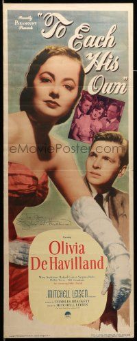 2d0593 TO EACH HIS OWN signed insert '46 by Olivia De Havilland, great close image with John Lund!