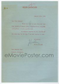 2d0014 HELEN GAHAGAN signed 7x11 letter '39 thanking her agent Paul Kohner, his wife & the new baby!