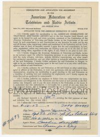 2d0036 JUNE HOWARD signed 7x9 contract '53 joining American Federation of Television & Radio Artists