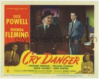 2f610 CRY DANGER LC #4 '51 close up of Dick Powell holding gun on dapper William Conrad's back!