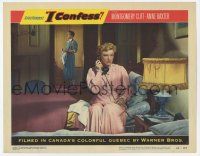 2f721 I CONFESS LC #7 '53 Alfred Hitchcock, Anne Baxter in bedroom on phone, Montgomery Clift!