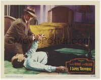 2f723 I LOVE TROUBLE LC #7 '47 close up of Franchot Tone checking unconscious man's pulse!