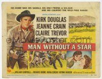 2f251 MAN WITHOUT A STAR TC '55 art of cowboy Kirk Douglas pointing gun & romancing Jeanne Crain!