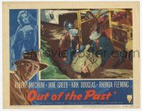 2f827 OUT OF THE PAST LC #6 R53 classic Jacques Tourneur film noir, Robert Mitchum after car wreck