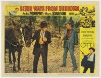 2f898 SEVEN WAYS FROM SUNDOWN LC #5 '60 Audie Murphy points gun at Barry Sullivan by horses!