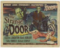 2f423 STRANGE DOOR TC '51 art of chained Boris Karloff, Charles Laughton & sexy Sally Forrest!