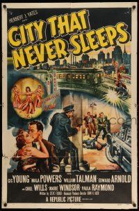 2g169 CITY THAT NEVER SLEEPS 1sh '53 great art of gunfight under elevated train in Chicago!