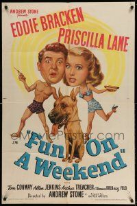2g332 FUN ON A WEEKEND 1sh '47 wacky art of Eddie Bracken, Priscilla Lane, & Great Dane!