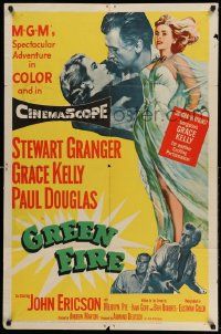2g371 GREEN FIRE 1sh '54 art of beautiful full-length Grace Kelly & Stewart Granger!