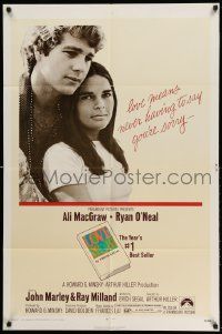 2g525 LOVE STORY 1sh '70 great romantic close up of Ali MacGraw & Ryan O'Neal!